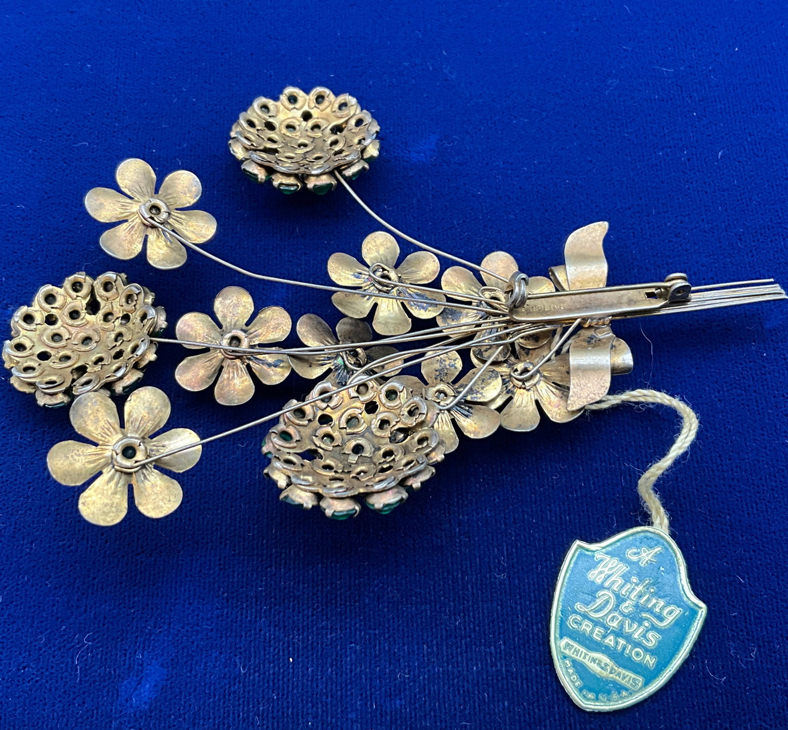 Whiting and Davis Sterling Silver Vermeil Floral Bouquet Brooch with Green Rhinestones - 4