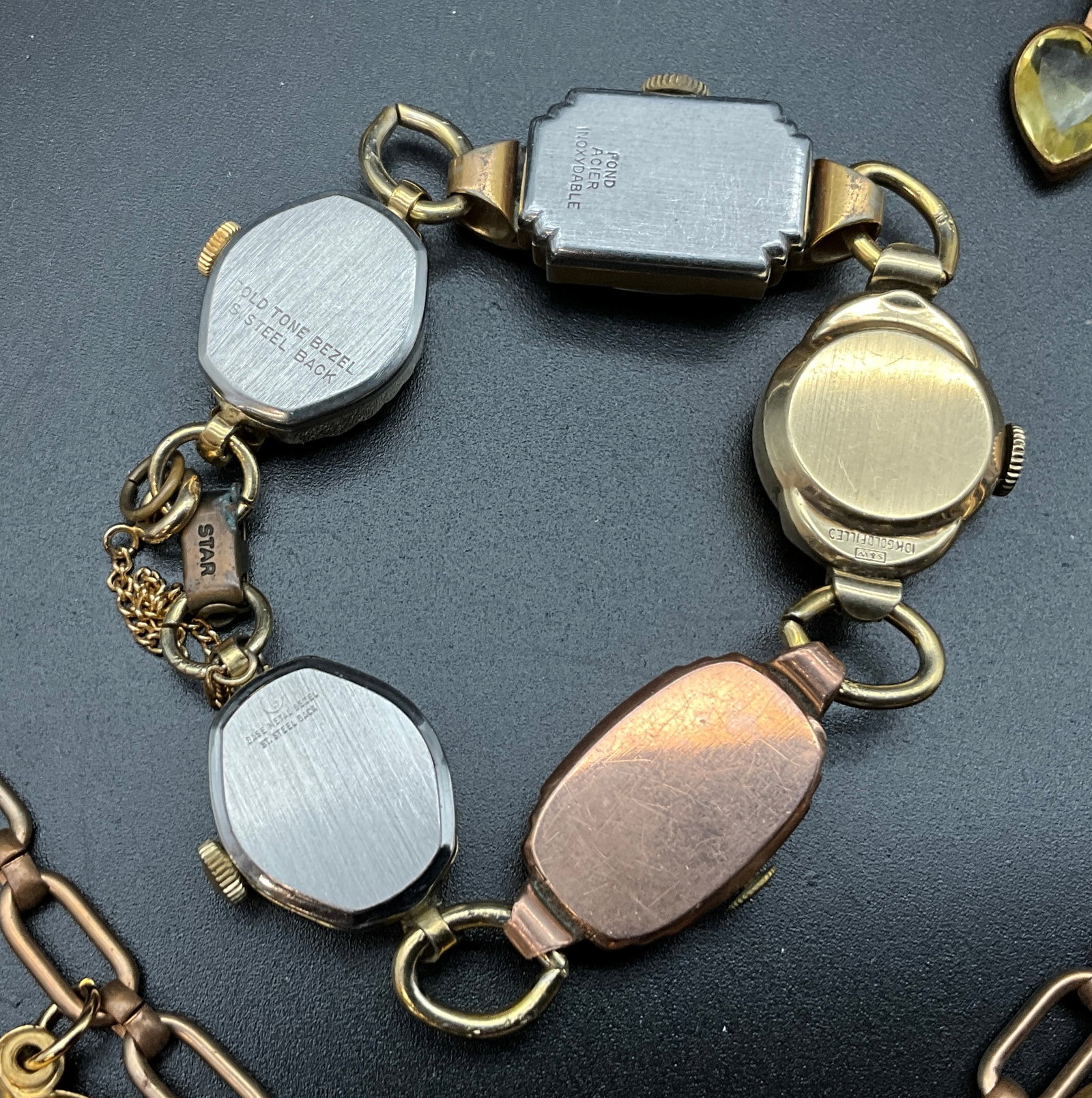 Vintage Artisan Mixed Metal Watch Head Jewelry with Heart Charms - 7