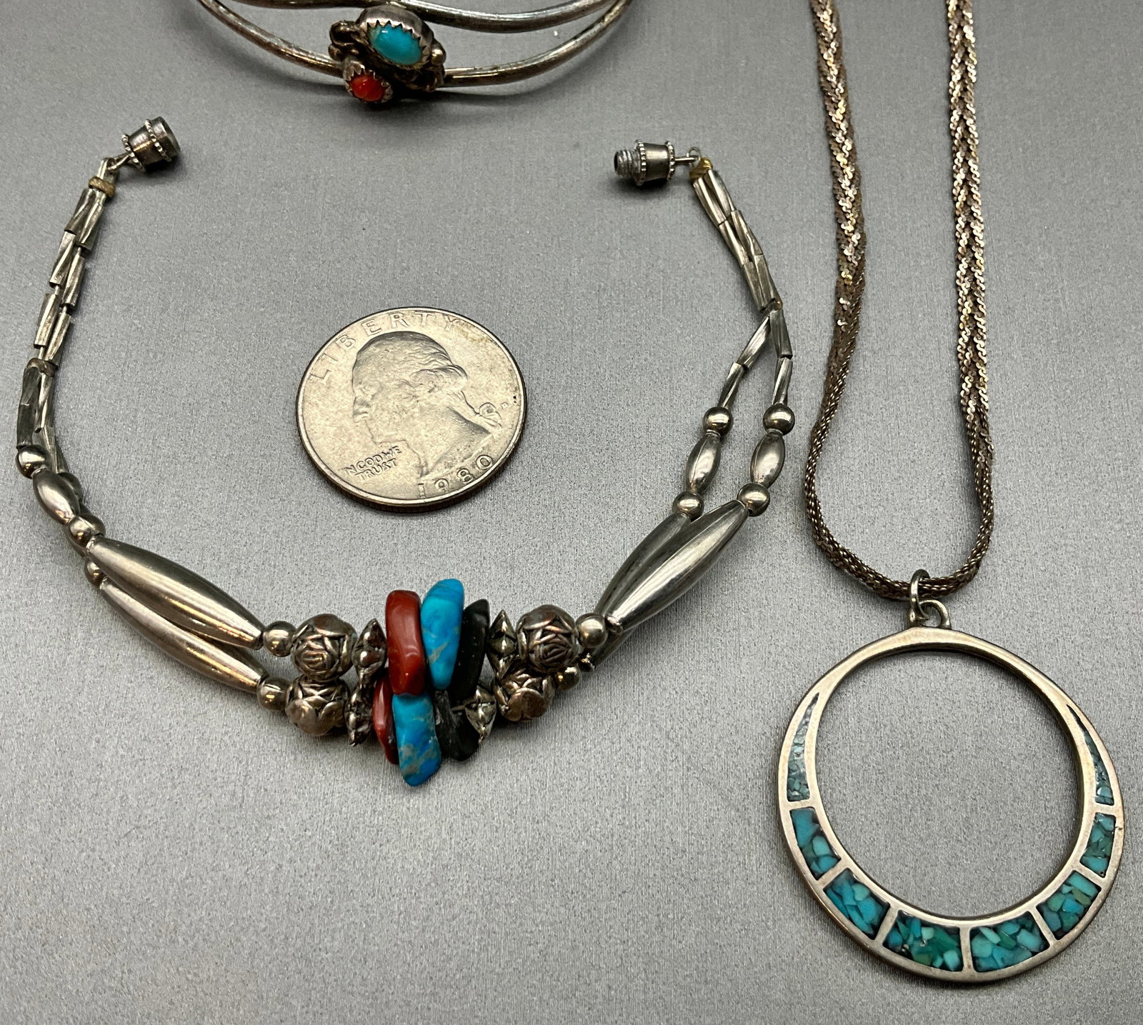 A Collection of Vintage Southwestern Style Sterling Silver Jewelry with Turquoise and Coral - 2