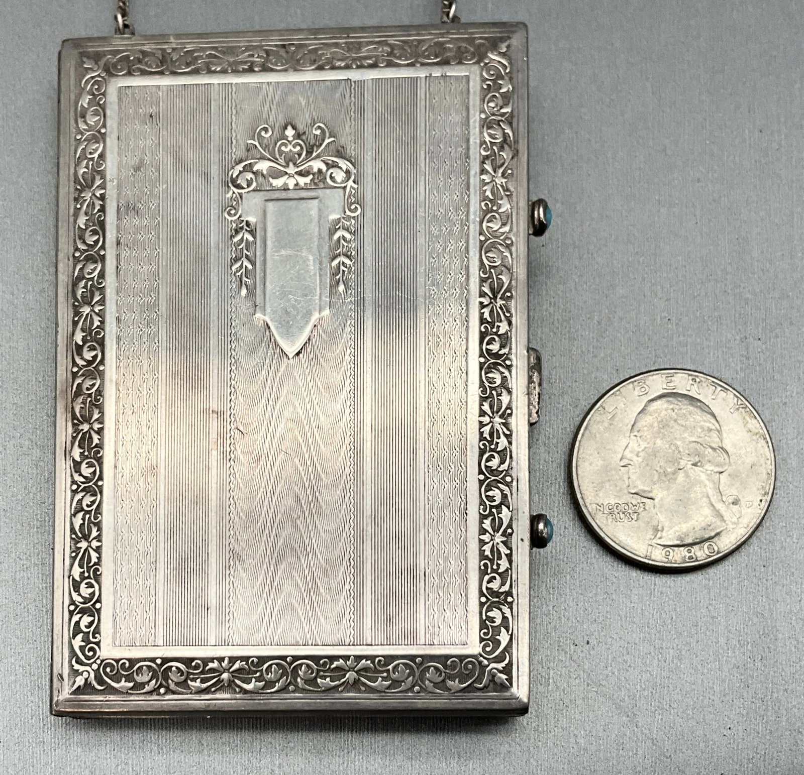Vintage Art Deco Sterling Silver Vanity Case with Turquoise Accents - 2