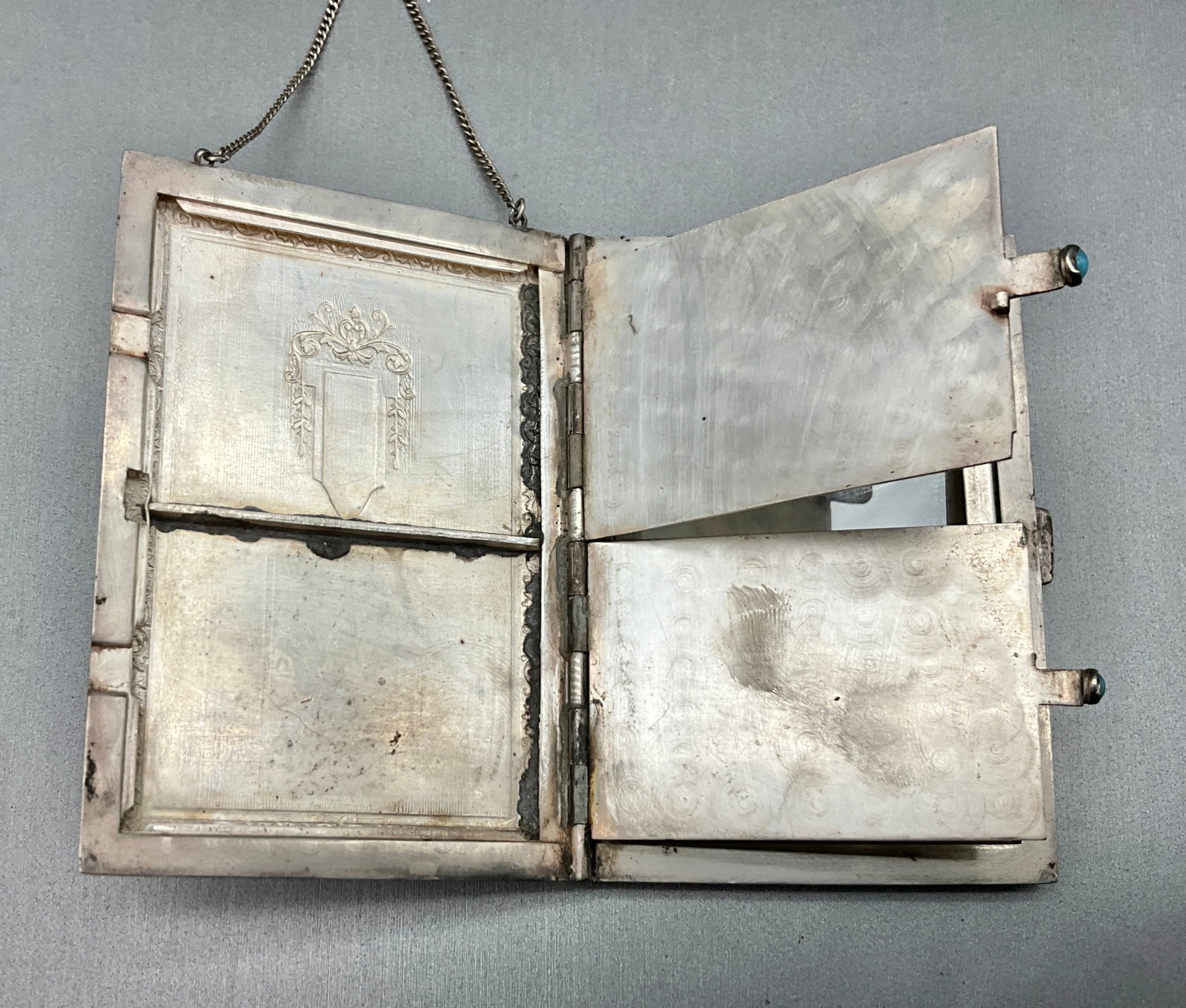 Vintage Art Deco Sterling Silver Vanity Case with Turquoise Accents - 4