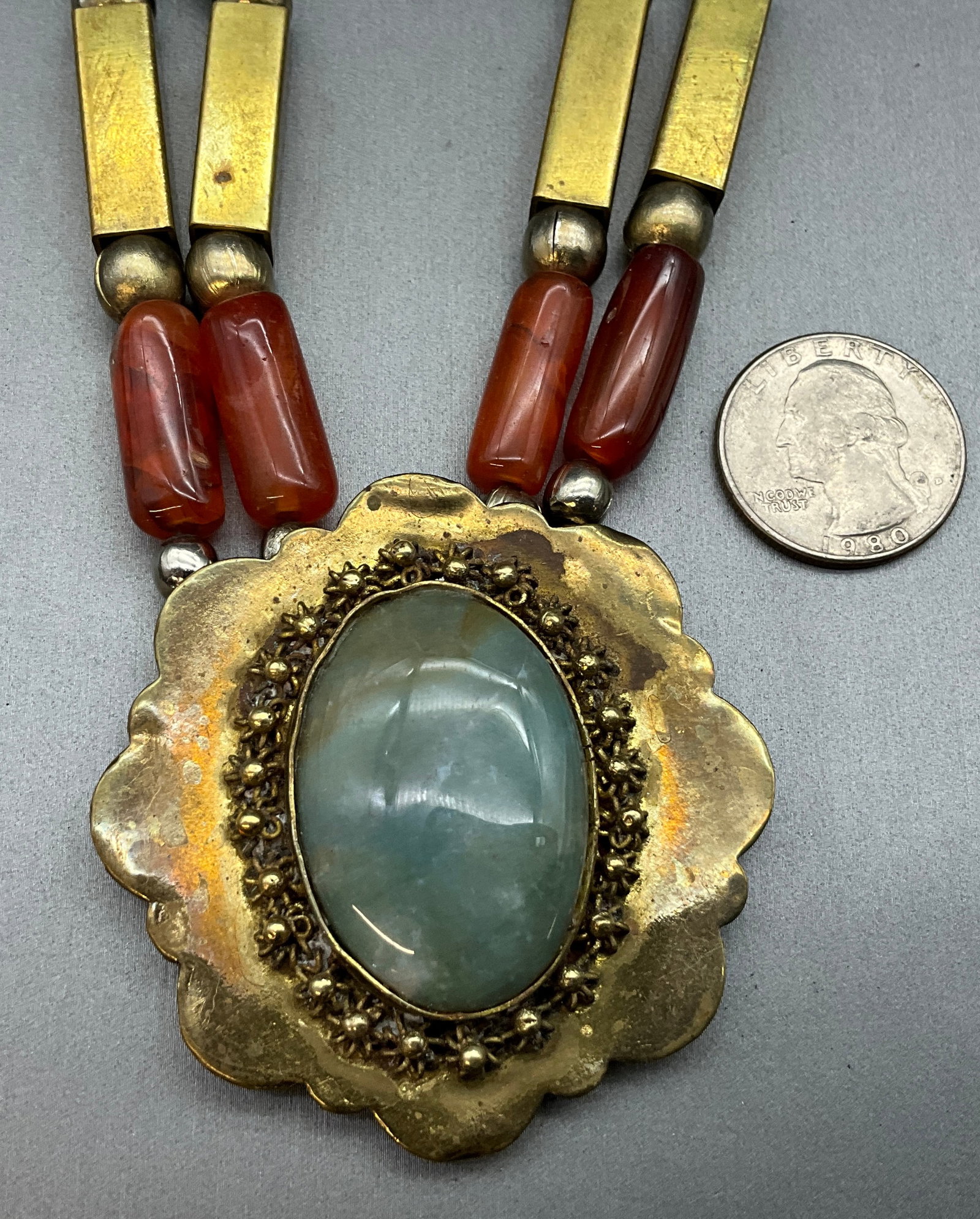 Vintage Artisan Style Brass and Multi-Stone Double-Strand Pendant Necklace - 2