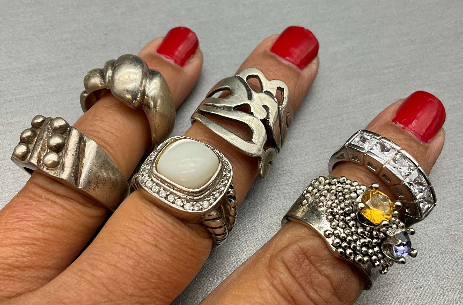 A Collection of Vintage Sterling Silver Rings with Gemstones - 2