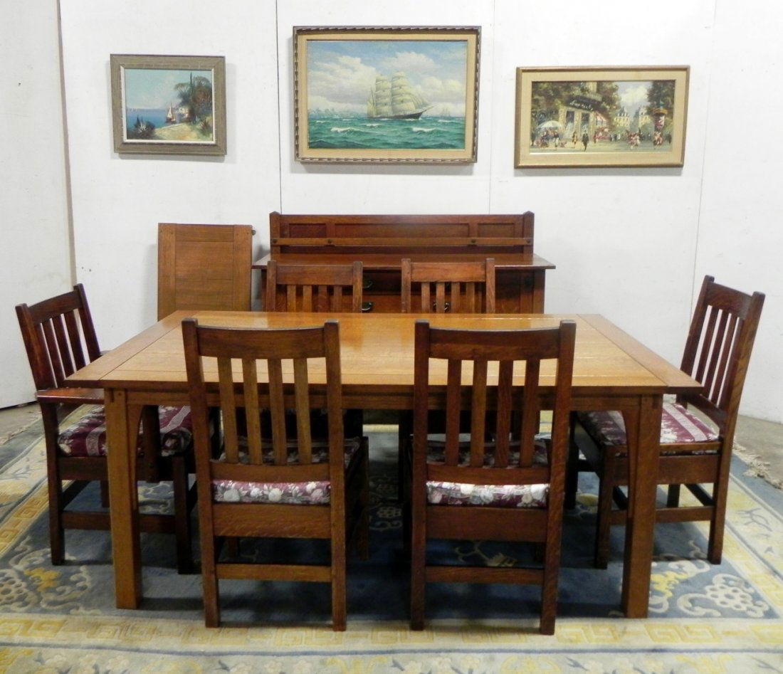 Stickley Dining Room Set: 8 Piece Mission Style Stickley Dining room set. Set includes 6 chairs, 1 table with 2 leaves, and sideboard