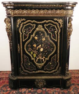 SLATE TOP SIDE CABINET: BLACK LAQUERED SIDE CABINET WITH BRASS ACCENTS, GOLD GILT PAINT, AND SLATE TOP. THE CABINET ALSO HAS A FLORAL DESIGN ON THE FRONT DOOR MADE WITH RESIN. MEASURES 39"W X 19"D X49"H,