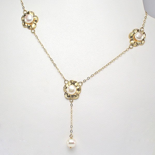 14KT 6mm Pearl Flower Necklace 20in