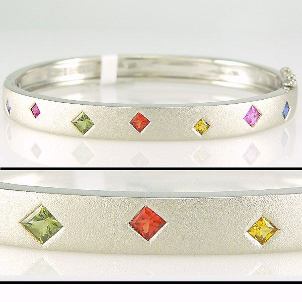 STERLING SILVER RAINBOW SAPPHIRE BRCLT 1.36TCW: NO BUYER'S PREMIUM JEWELRY SALE - NO 15% BP One 3mm Square Blue Sapphire, One 3mm Square Pink Sapphire, One 3mm Green Sapphire, one 2mm Yellow Saphire, one 2mm Square Pink Sapphire, one 2mm Square Ora