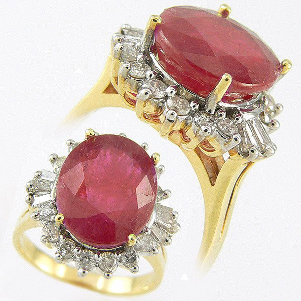 RUBY & DIAMOND RING 13.12 CTW SET IN 14KT.: BIG, BOLD & BEAUTIFUL - ANTIQUE STYLE 11.40 CTW RUBY & DIAMOND RING SET IN 14KT YELLOW GOLD GEMSTONE: 1 OVAL CUT RUBY 10.28 CTW DIAMOND: 16 ROUND & 6 BAGUETTE 1.12 CTW CLARITY: SI COLOR: H-K GOLD: 7.0