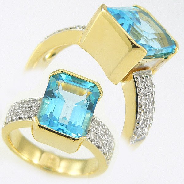 BLUE TOPAZ & DIAMOND RING 7.26 CTW 14KT.: BIG, BOLD & BEAUTIFUL - GORGEOUS, GENUINE 7.26 CTW BLUE TOPAZ & DIAMOND RING IN 14KT YELLOW GOLD GEMSTONE: 1 OCTAGON CUT BLUE TOPAZ 6.90CTW DIAMOND: 16 ROUND DIAMONDS 0.36CTW CLARITY: SI3-I2 COLOR: H-