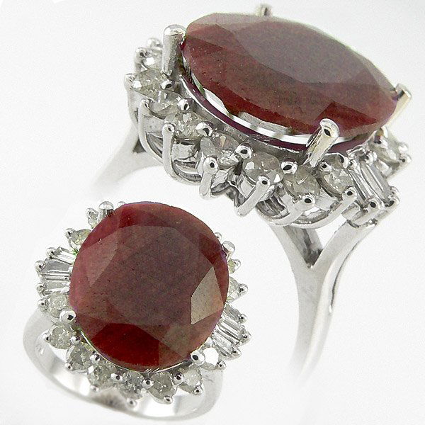 RUBY & DIAMOND RING 11.38 CTW 14KT. GOLD: BIG, BOLD & BEAUTIFUL - ANTIQUE STYLE 11.38 CTW RUBY & DIAMOND RING SET IN 14KT WHITE GOLD GEMSTONE: 1 OVAL CUT RUBY 10.26 CTW DIAMOND: 16 ROUND & 6 BAGUETTE 1.12 CTW CLARITY: SI COLOR: H-K GOLD: 7.0