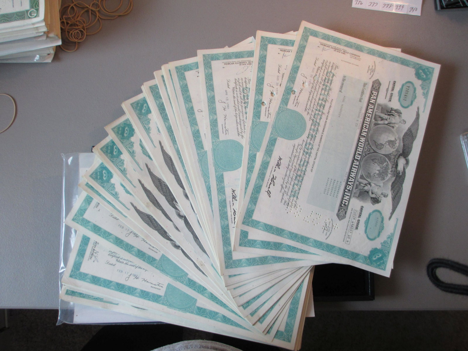 lot of 100 pan american world airways inc stock: all original stock certificate hoard