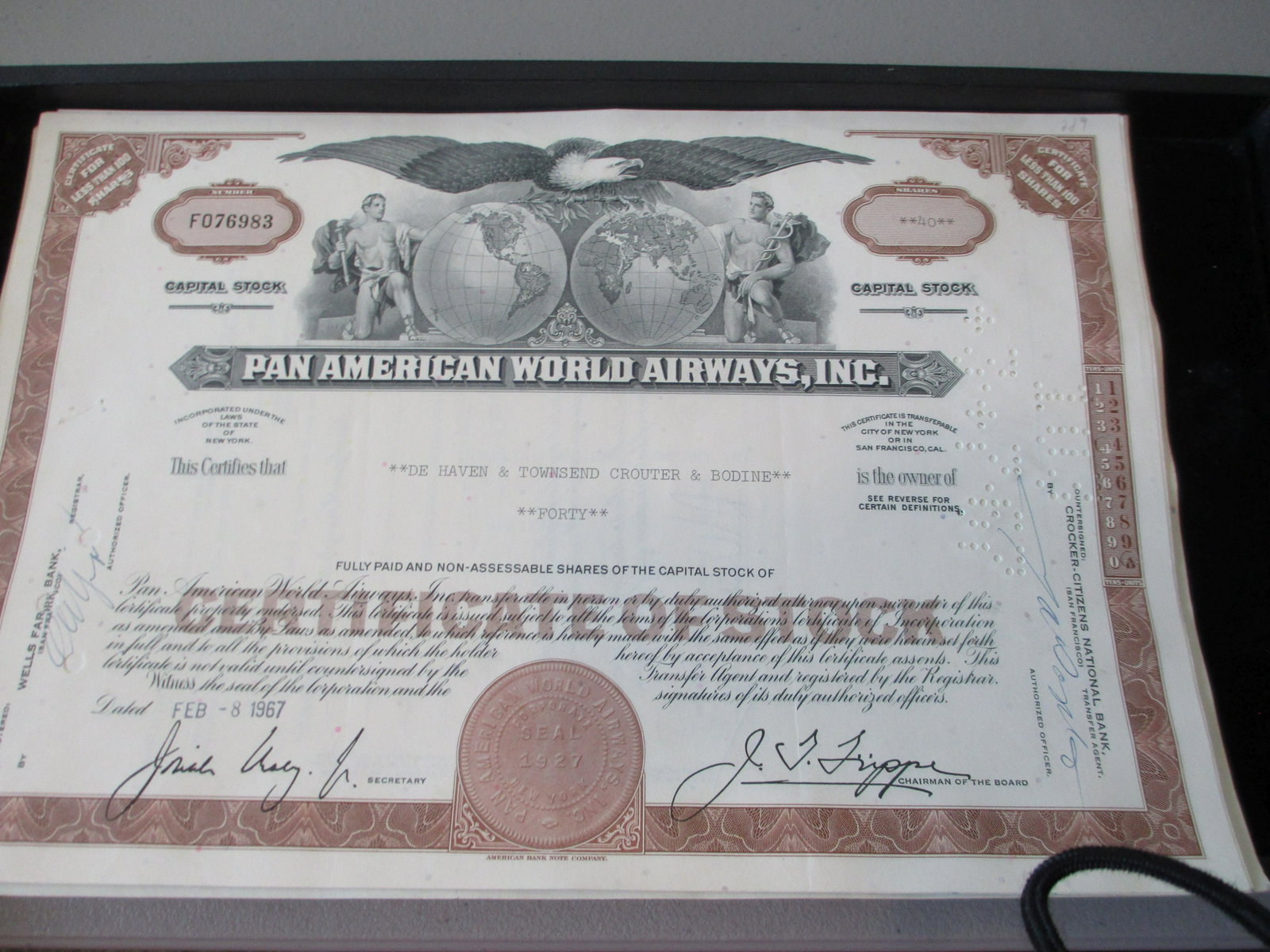 pan american world airways inc stock certificate: rare find authentic and original
