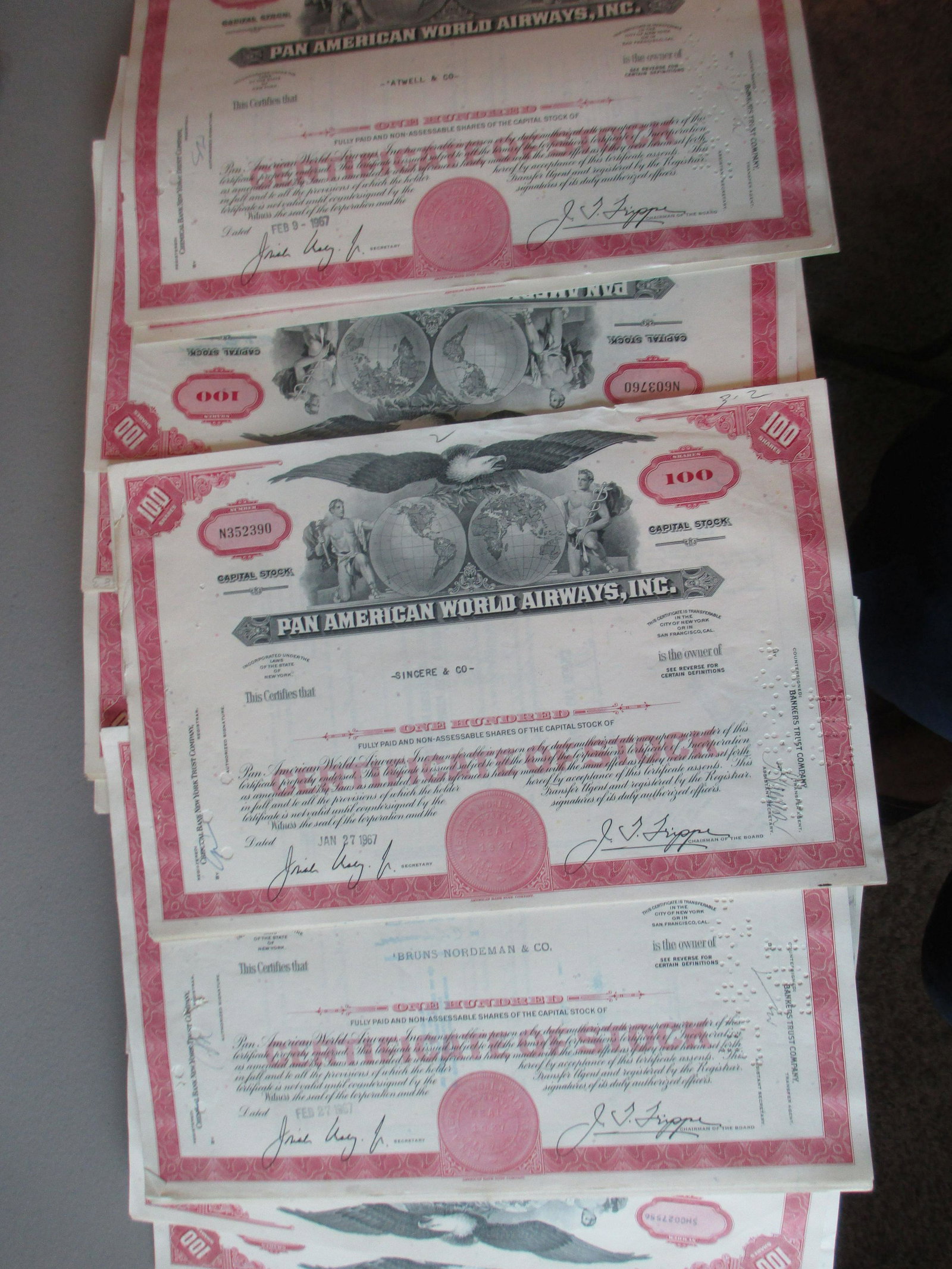 lot of 100 pan american world airways inc stock: all authentic and original