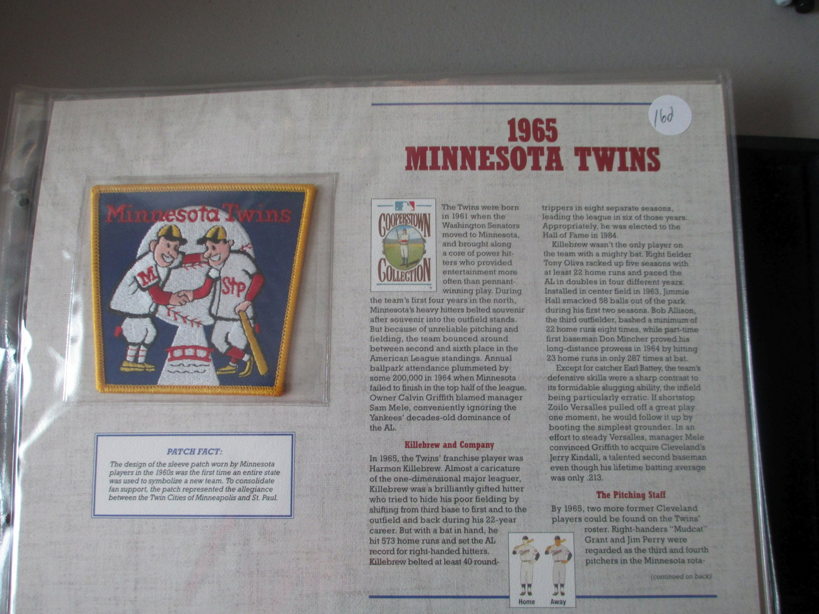 rare patch on card 1965 minnesota twins: on nice large card