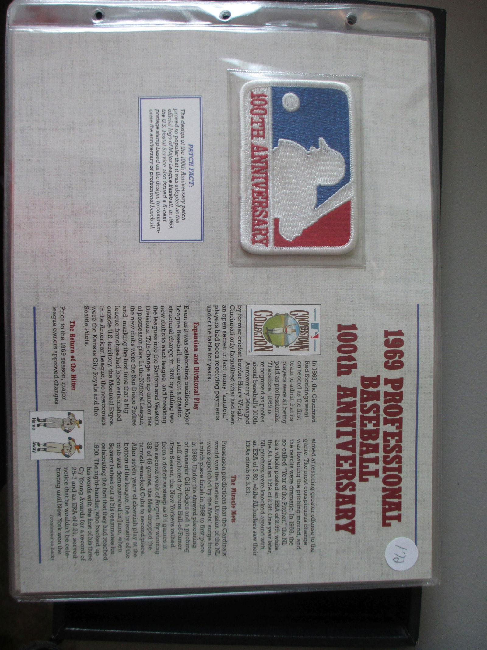 rare patch on card 1969 pro baseball 100th anniversary (1 of 1)