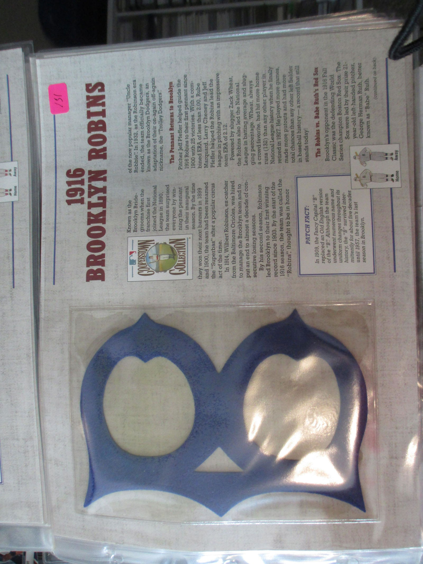 large vintage patch on card 1916 brooklyn robins (1 of 1)