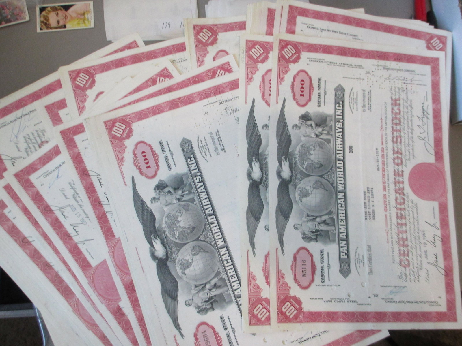 lot of 100 pan american world airways inc stock: rare stock certificate hoard