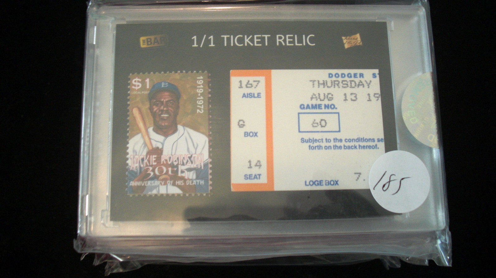 the bar 1/1 jackie robinson stamp and ticket relic: authentic in hard plastic case
