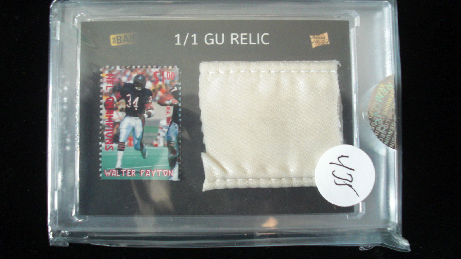 the bar 1/1 walter payton stamp and game used relic (1 of 1)
