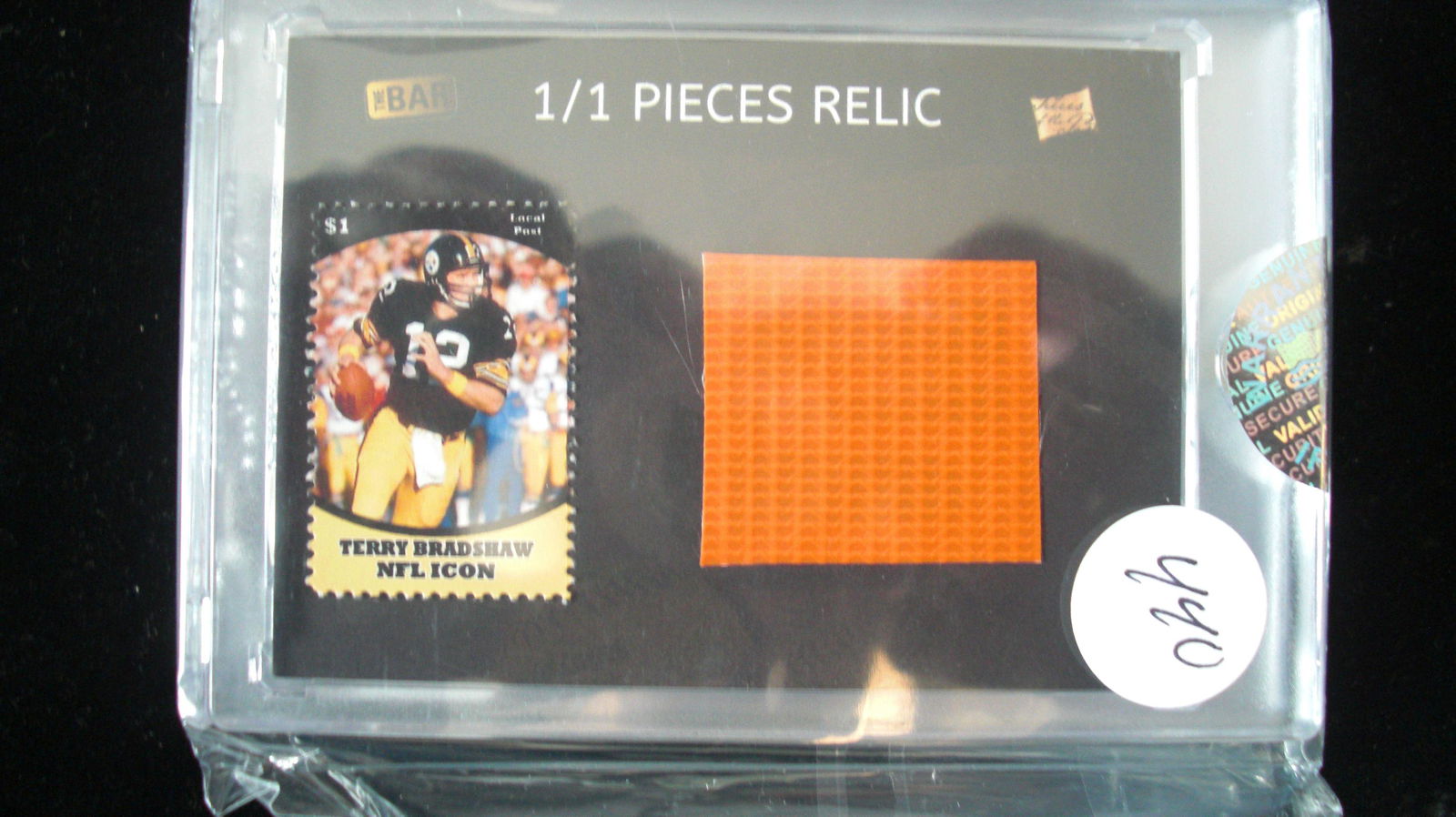 the bar 1/1 stamp and game used relic terry bradshaw (1 of 1)