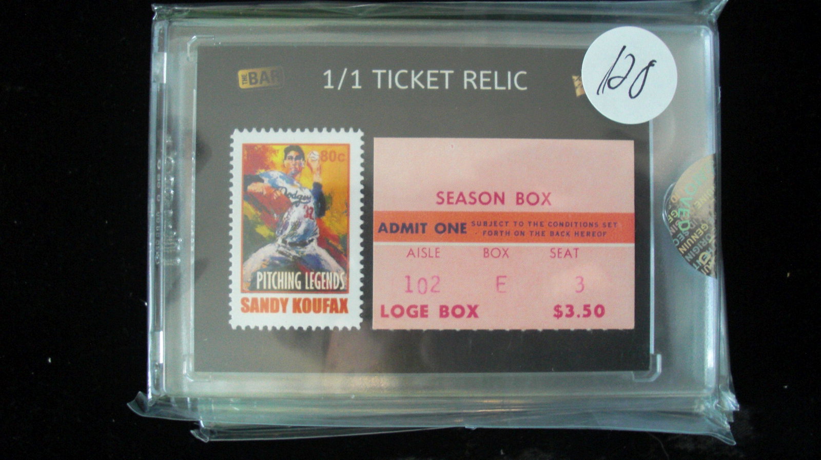 the bar 1/1 sandy koufax stamp and ticket relic: in hard plastic case