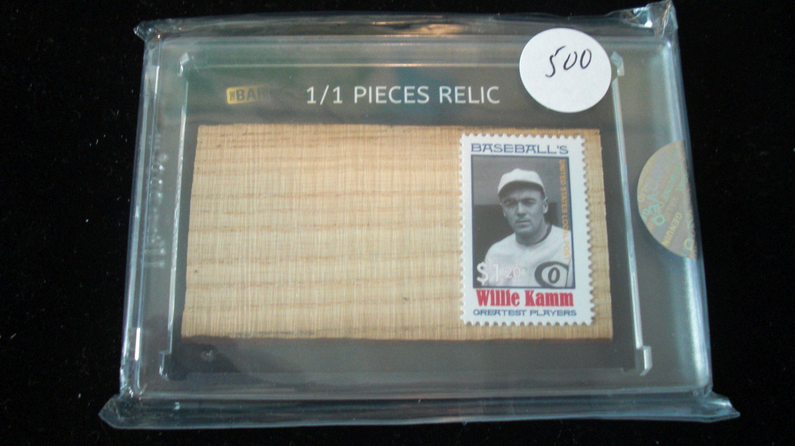 the bar 1/1 stamp and bat relic willie kamm: in hard plastic case
