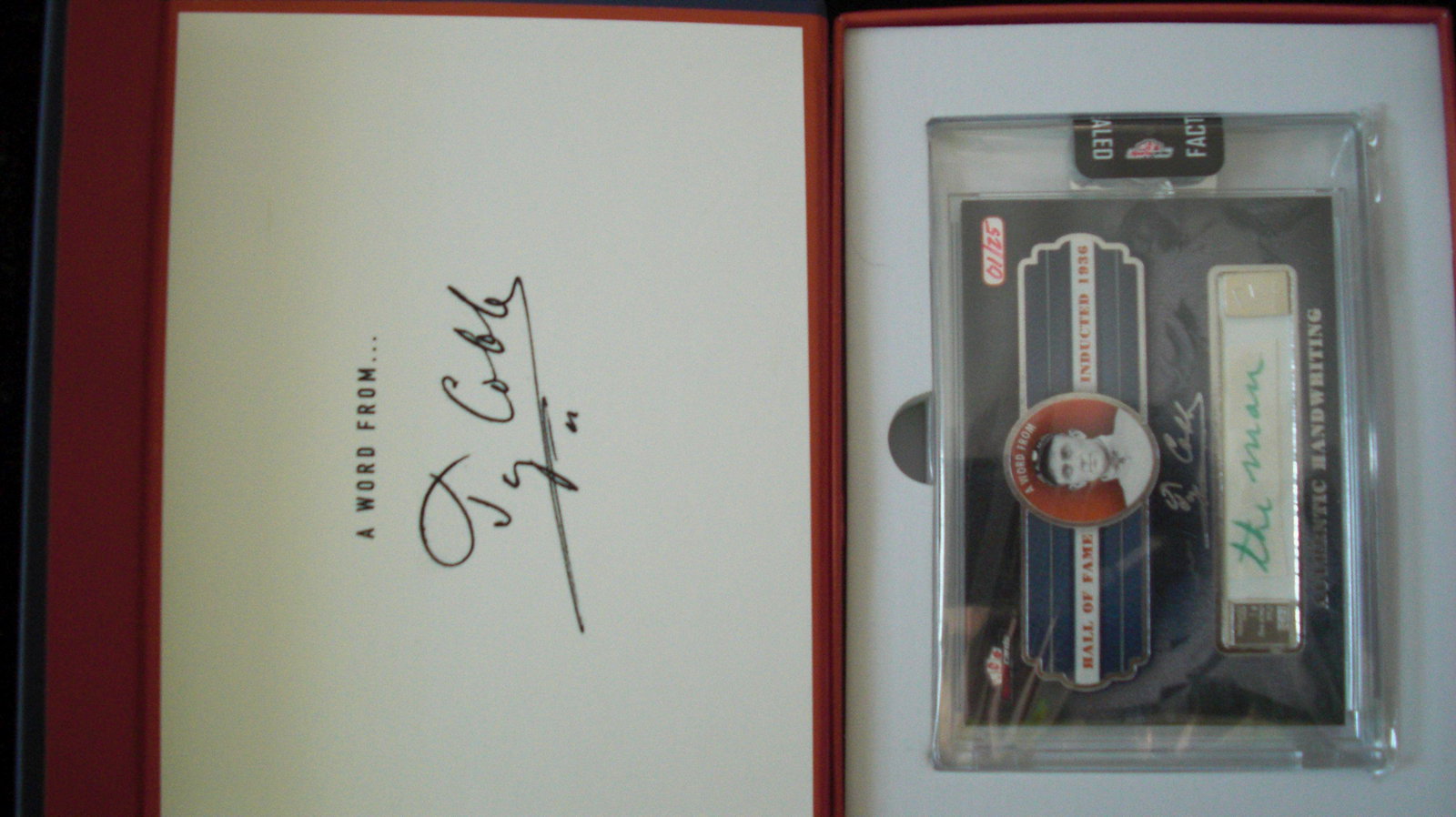 ty cobb authentic hadwriting relic #01/25 in original: in hard blue case and card in hard plastic