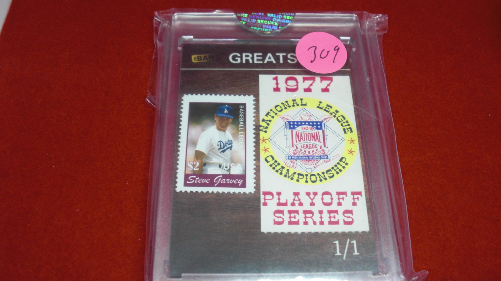the bar 1/1 steve garvery stamp and ticket relic: in hard plastic case
