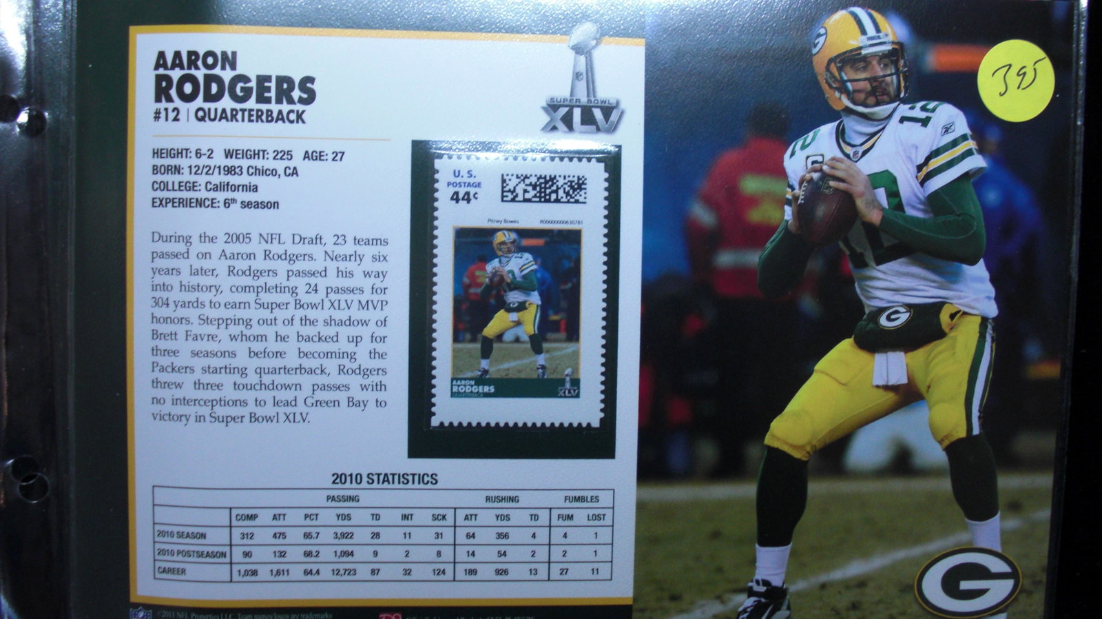 aaron rodgers stamp and information page: green bay packers