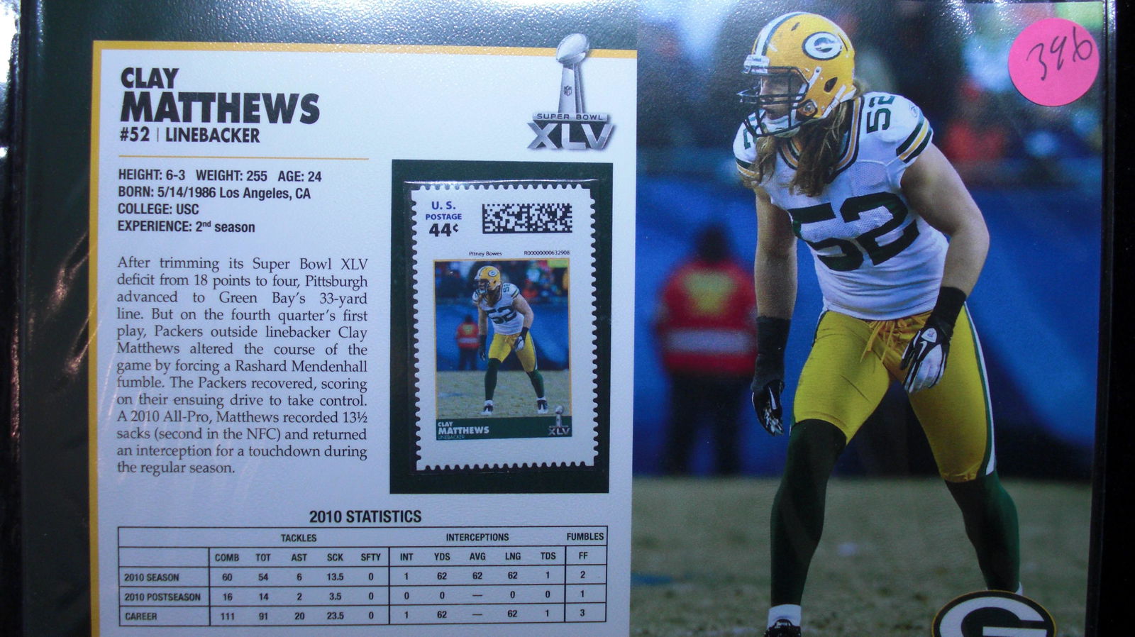 clay matthews stamp and informational page (1 of 1)