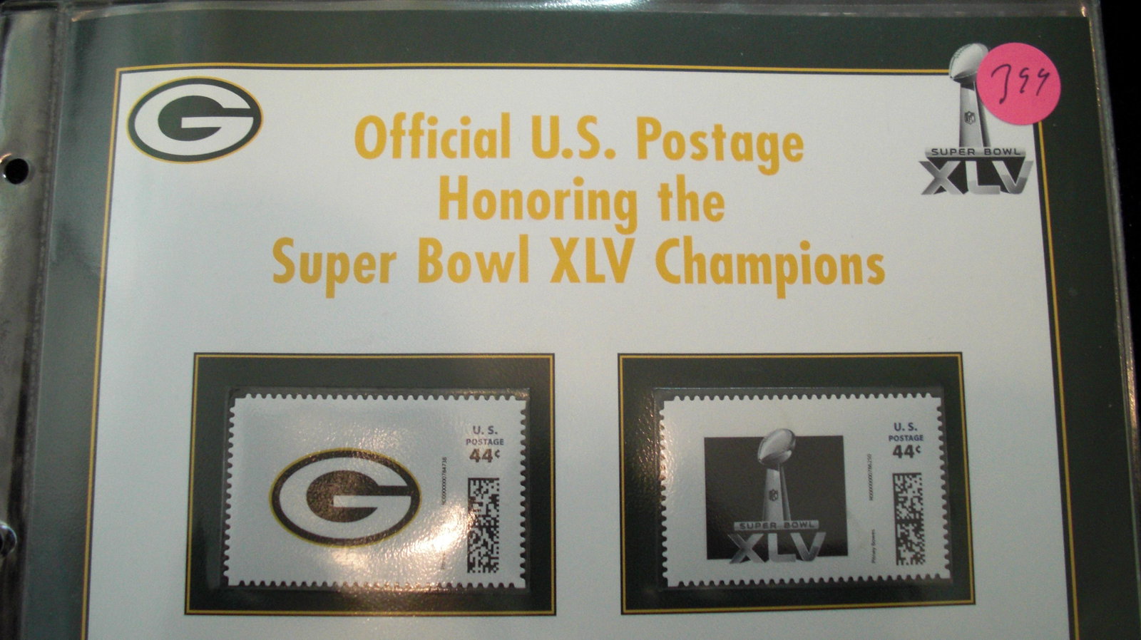 lot of 2 green bay stamps stamp on informational page: green bay packers