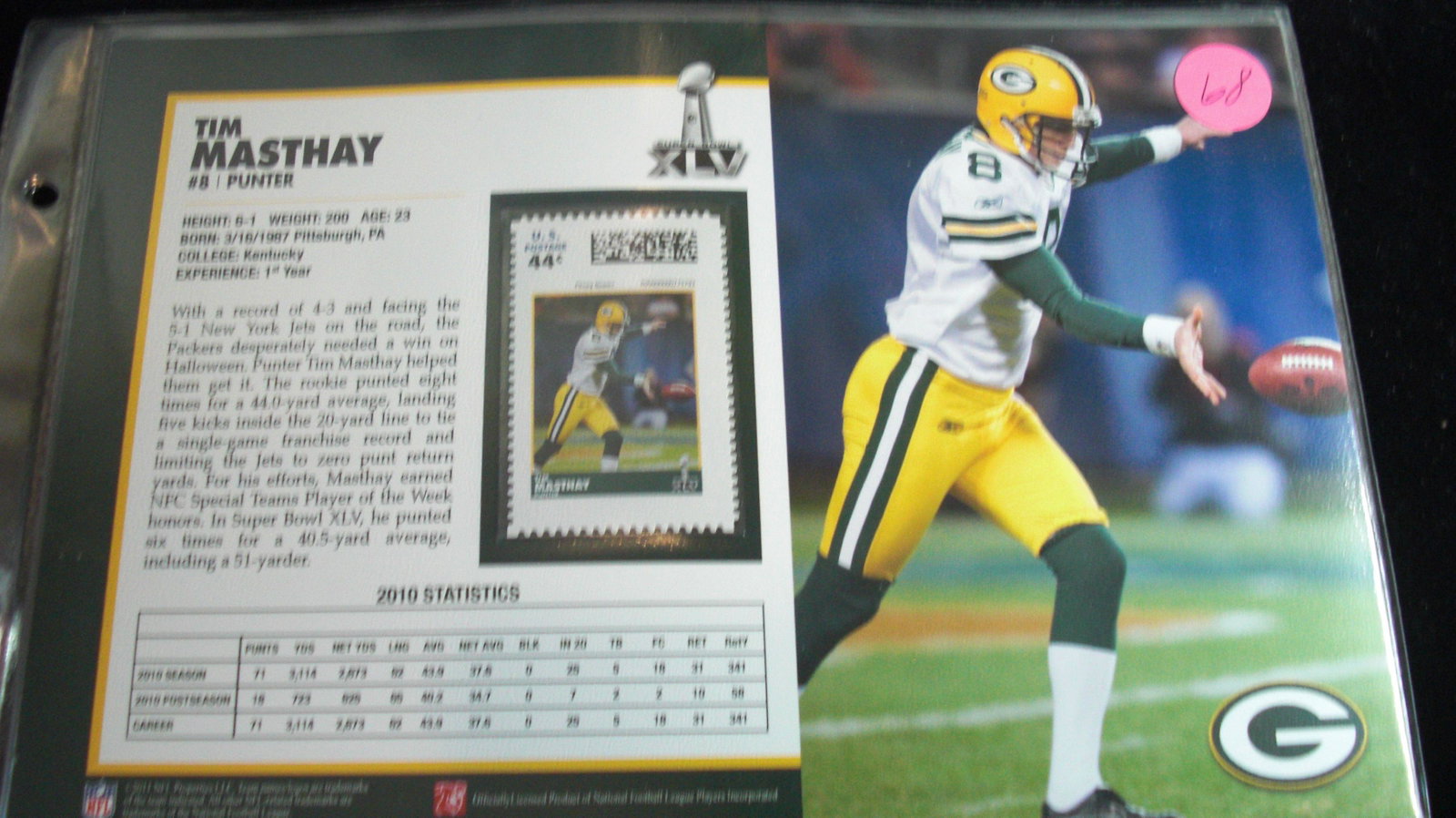tim masthay stamp on informational page: green bay packers