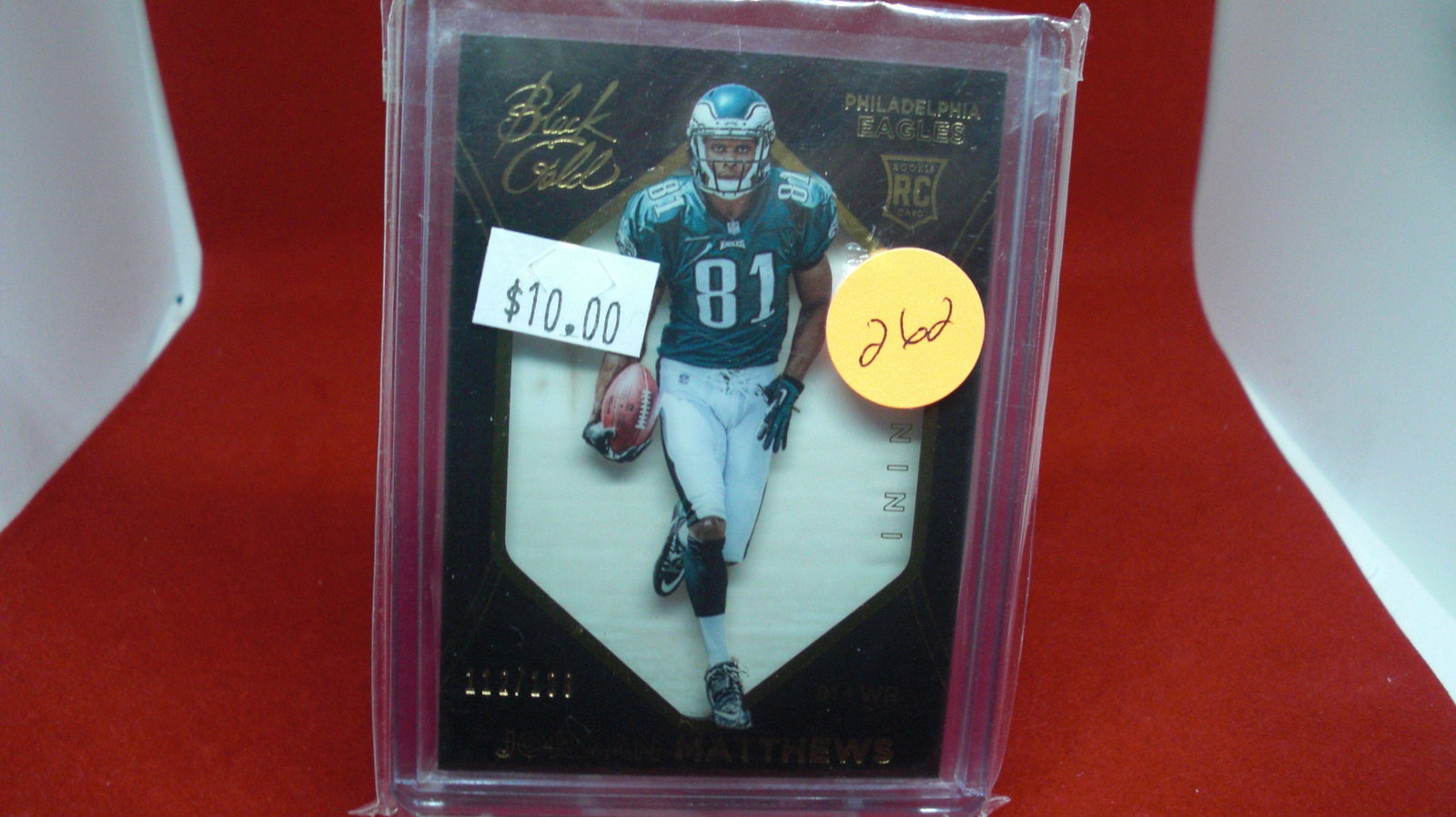 jordan matthews black gold rookie jersey #112/199: in top loader