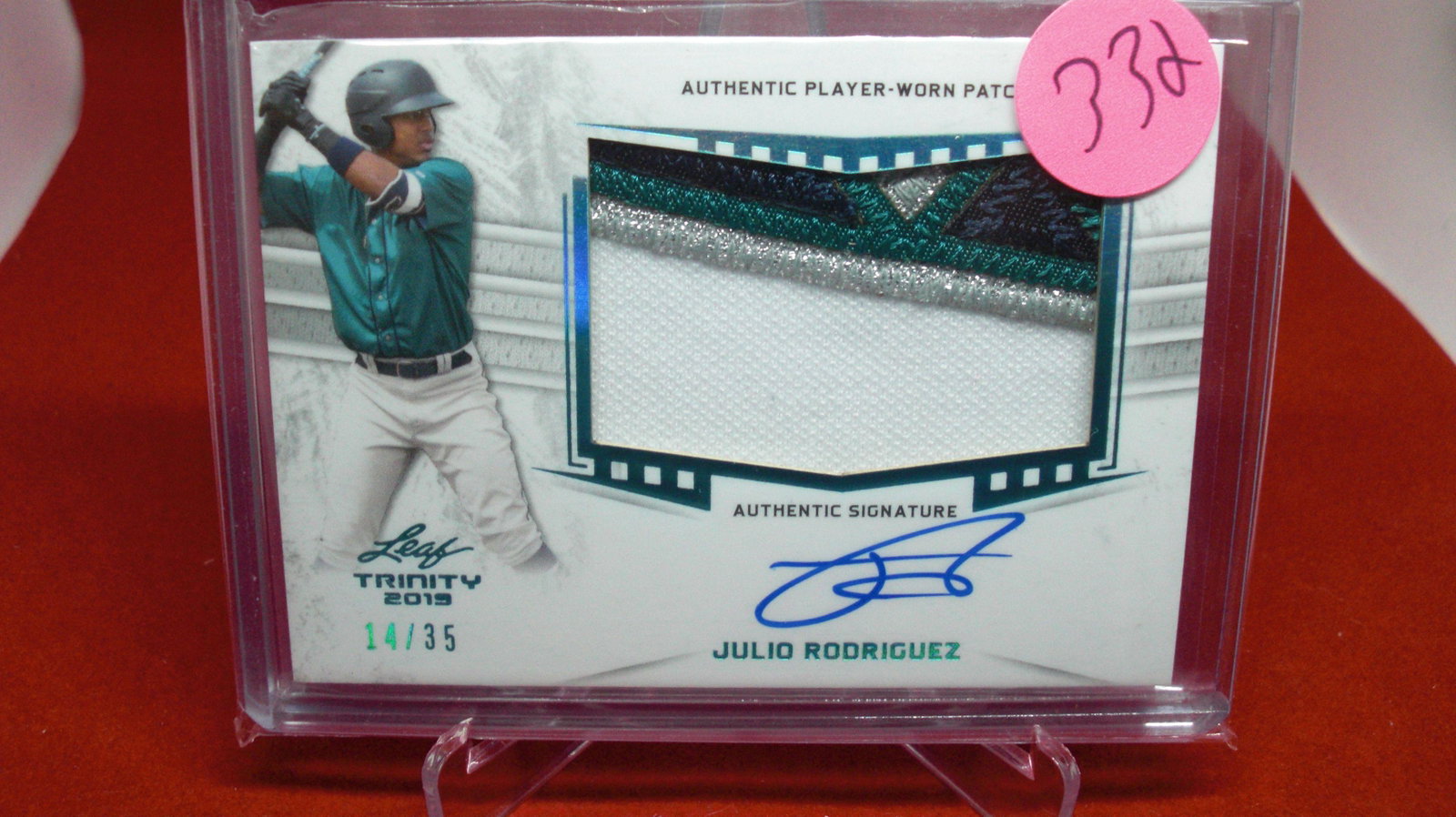2019 leaf trinity julio rodriguez singature/jersey: #14/35 in top loader
