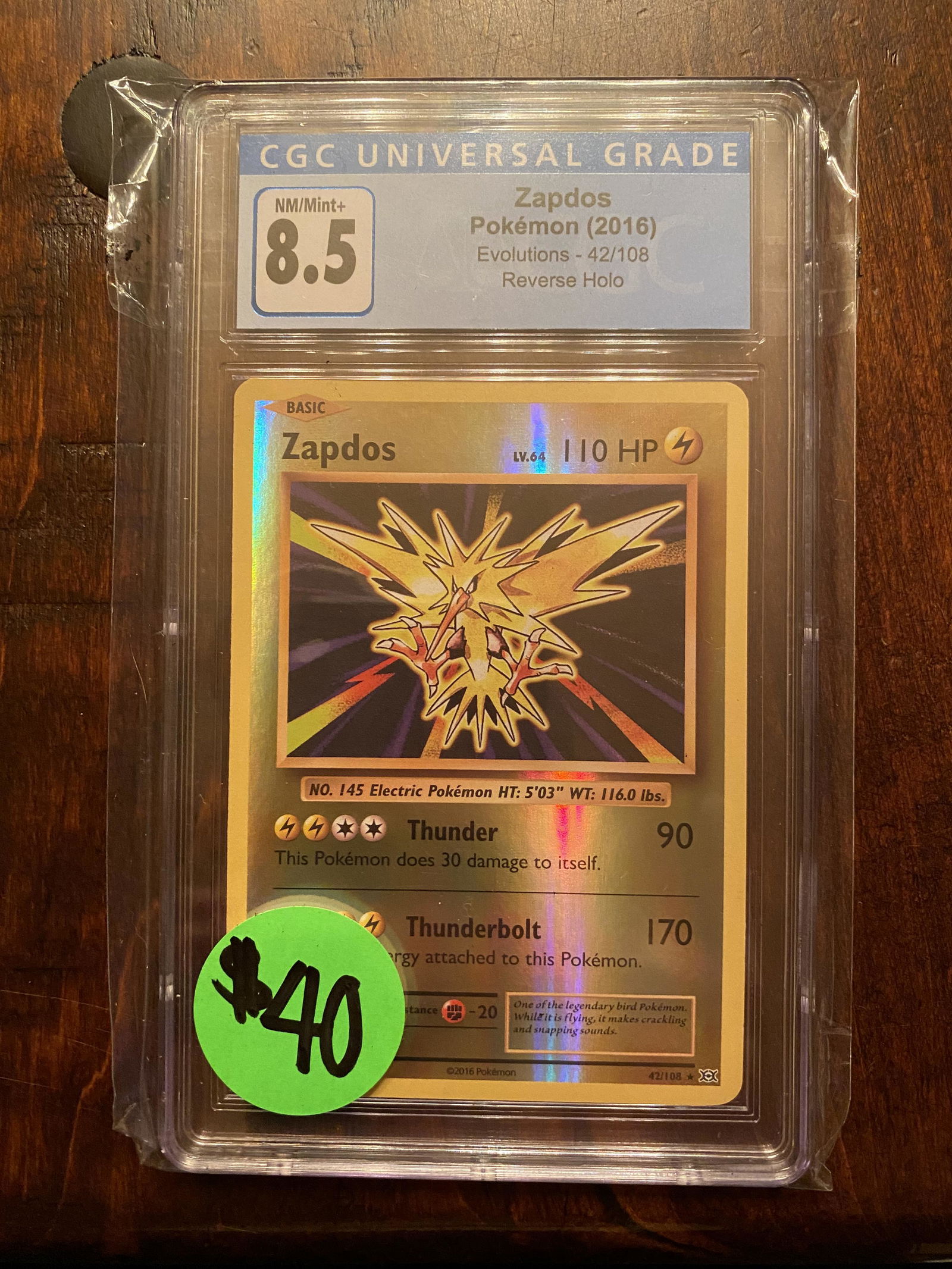XY Evolutions Reverse Holo Zapdos CGC 8.5 (1 of 1)