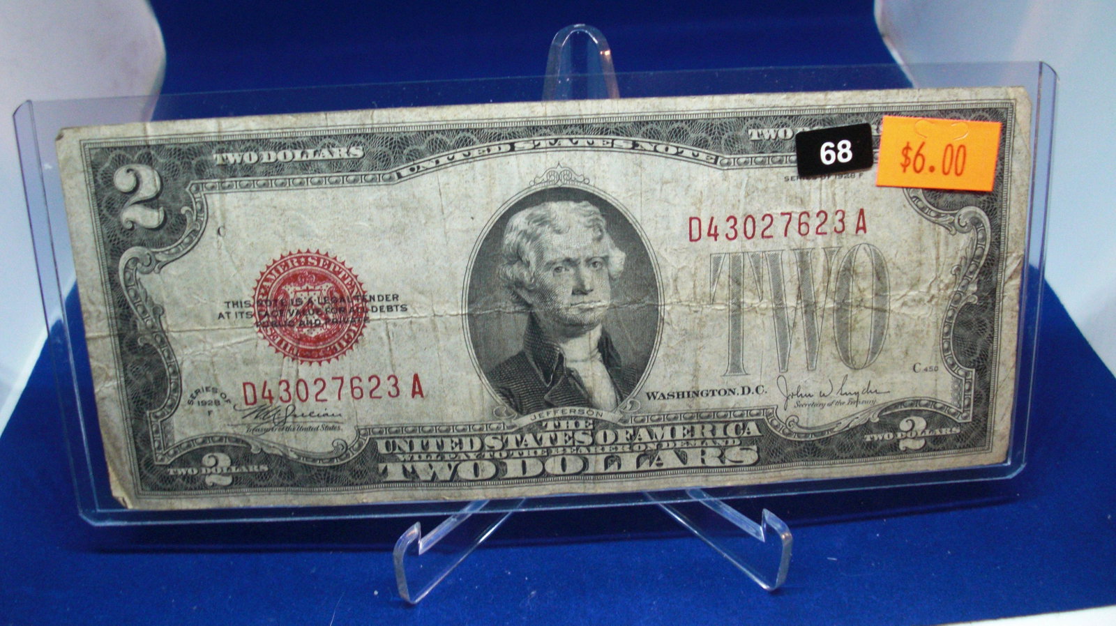 1928f $2 red seal: in nice holder
