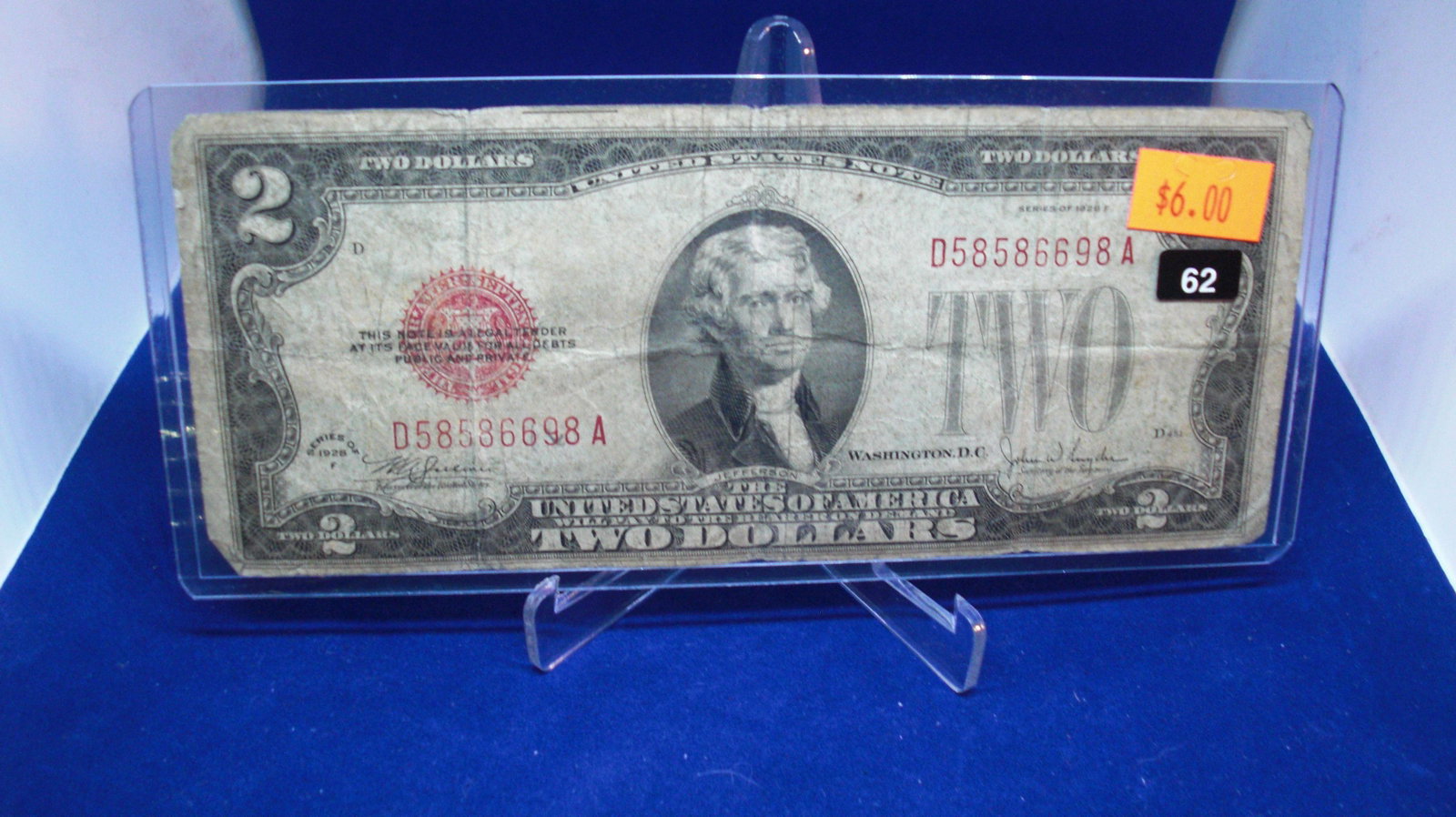 1928f $2 red seal: in nice case