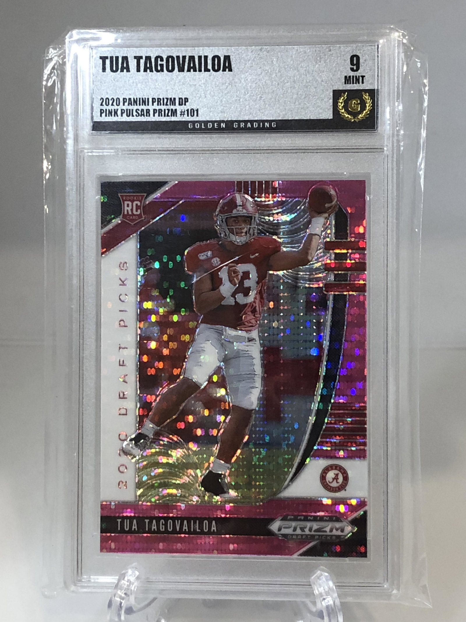 Tua Tagovailoa Panini Pink Pulsar Prizm Golden Grading: Tua Tagovailoa Panini Pink Pulsar Prizm Rookie Golden Grading 9