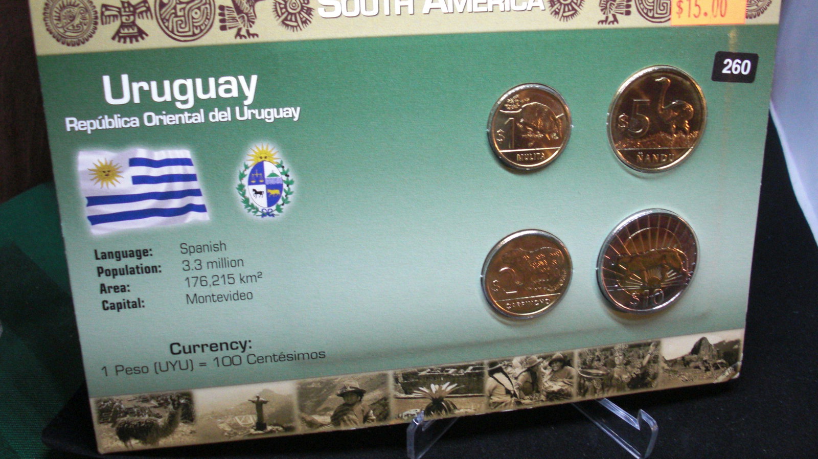 south american uruguay coins on nice card: on nice card