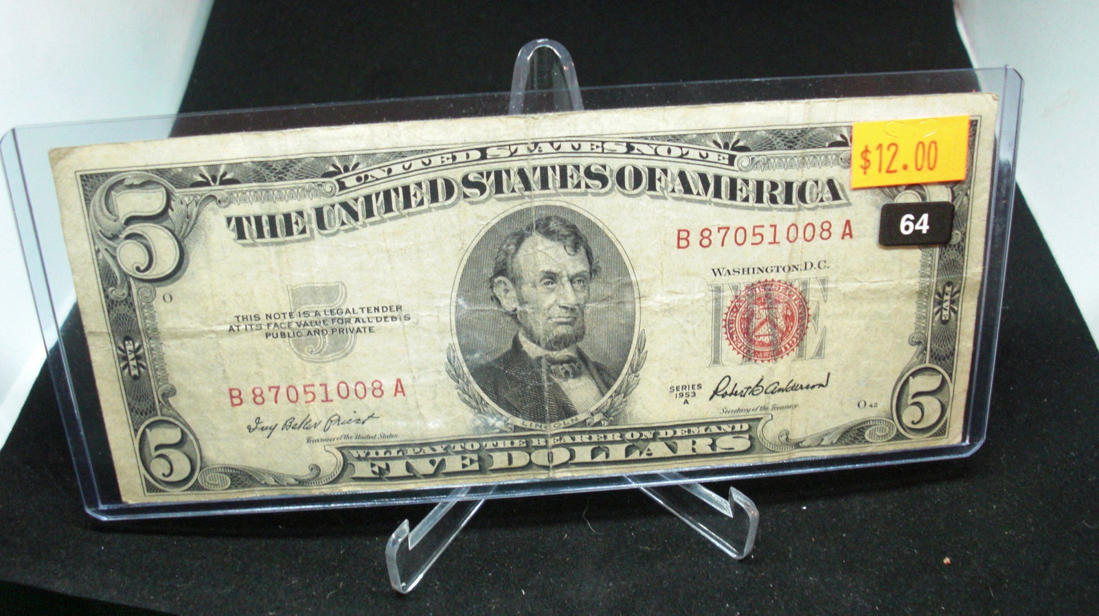 1953a $5 red seal: in nice holder