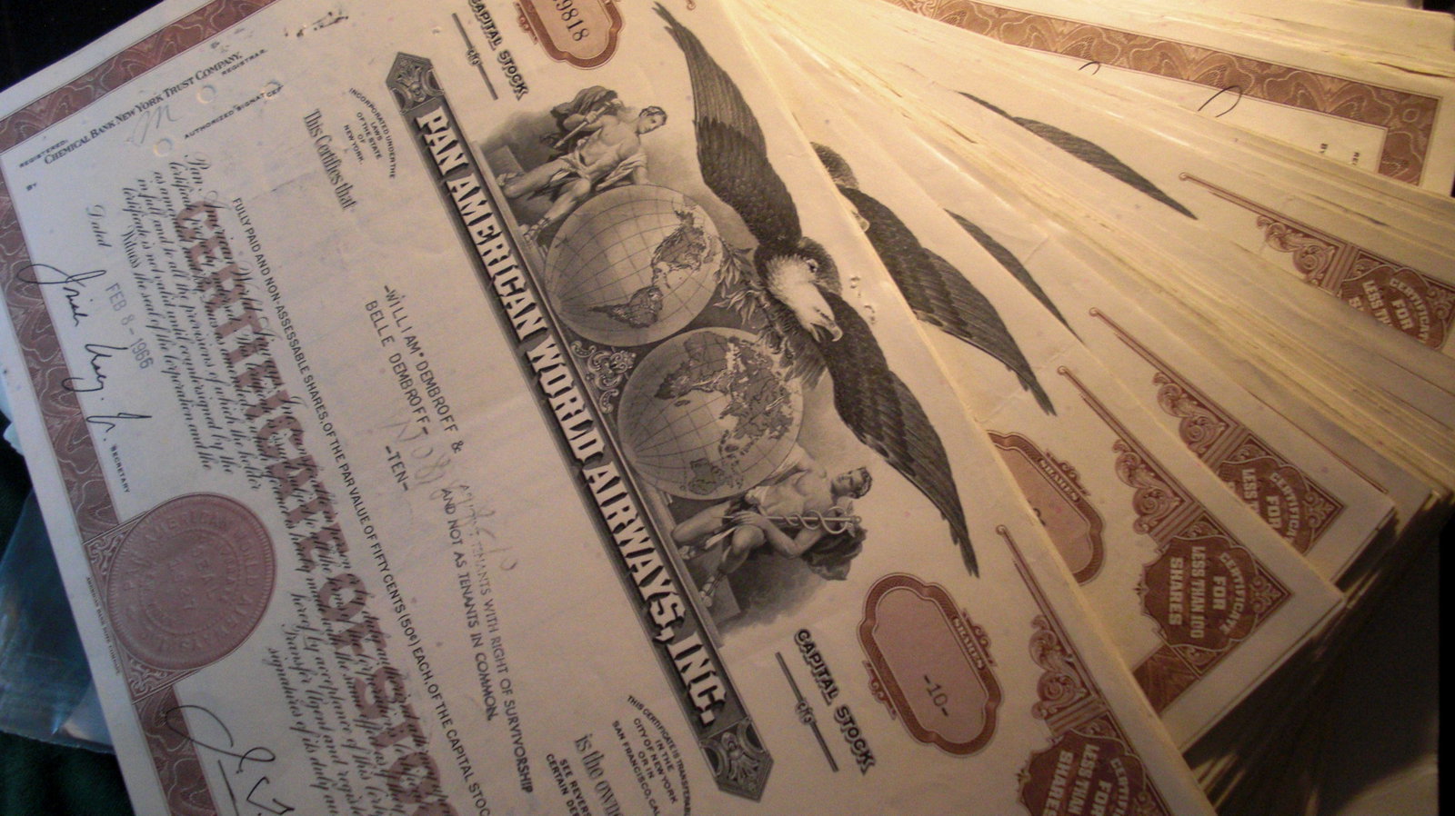 lot of 100 pan american world airways inc stock: rare hoard