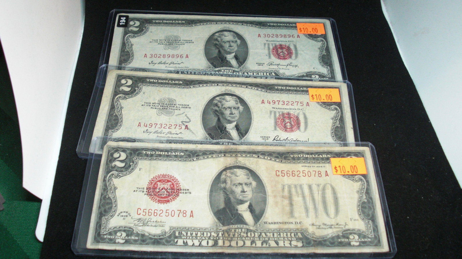 LOT OF 3 RED SEAL 1928/1953 SEIRES $2 BILLS: in top loader