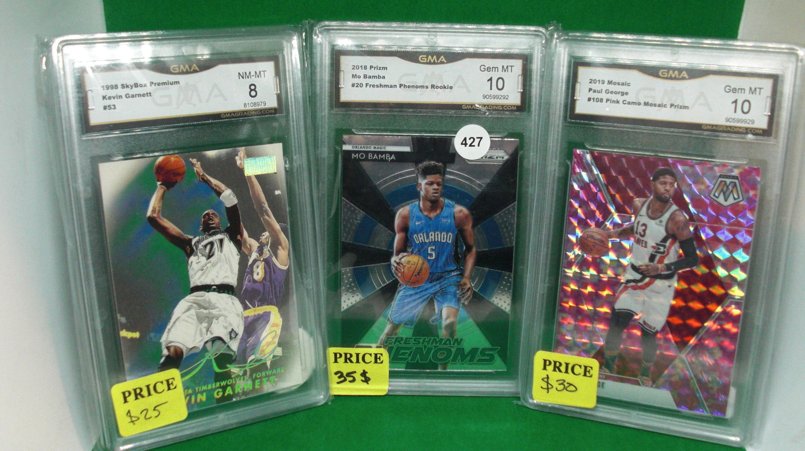 lot of 3 gma graded cards: mo bamba, paul george, kevin garnett