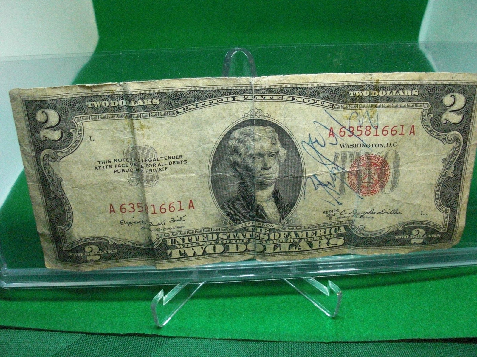 1953D series red seal $2 bill: in top loader