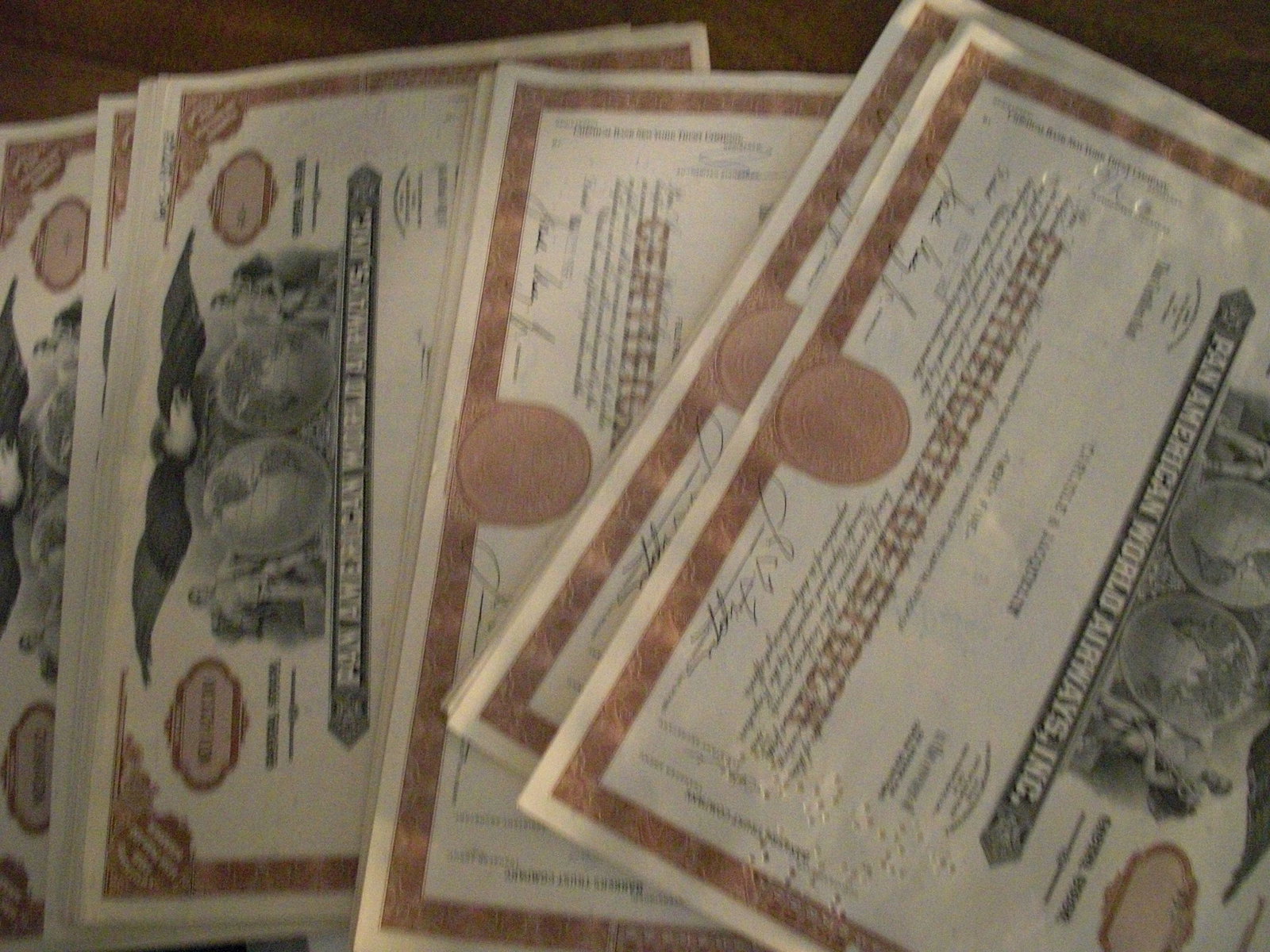 lot of 50 pan american airways stock certificated: lot of 50 pan american airways stock certificated