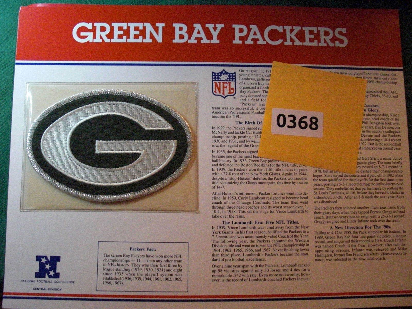 green bay packers patch on card (1 of 1)