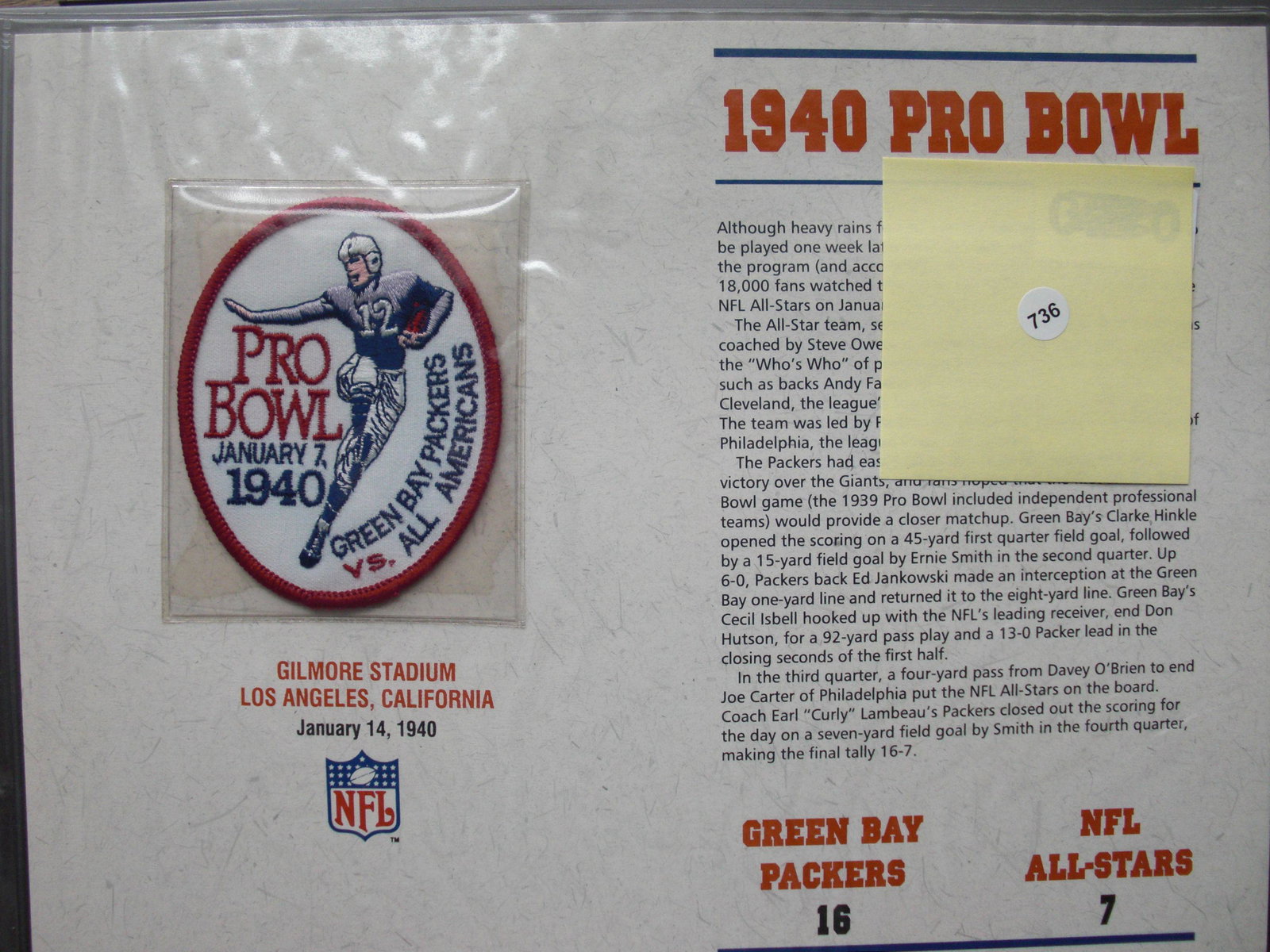 1940 Pro Bowl patch: with info and stat card