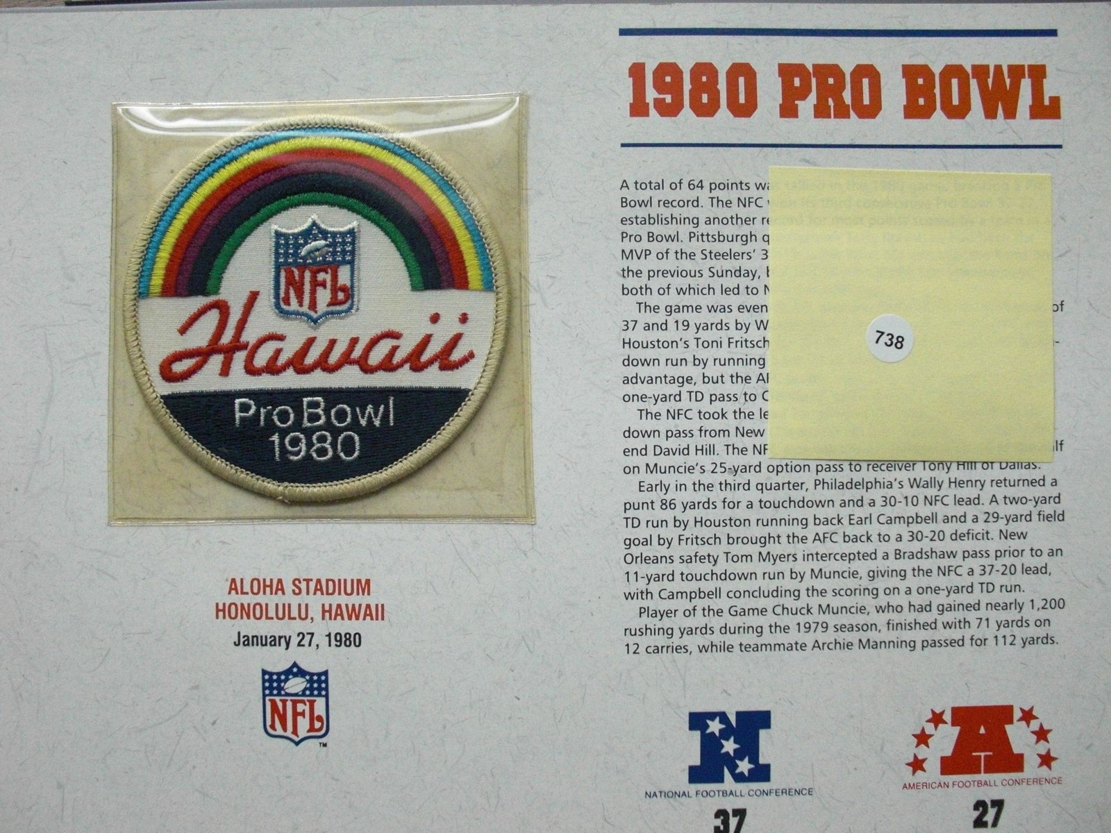 1980 official Pro Bowl patch: with info and stat card