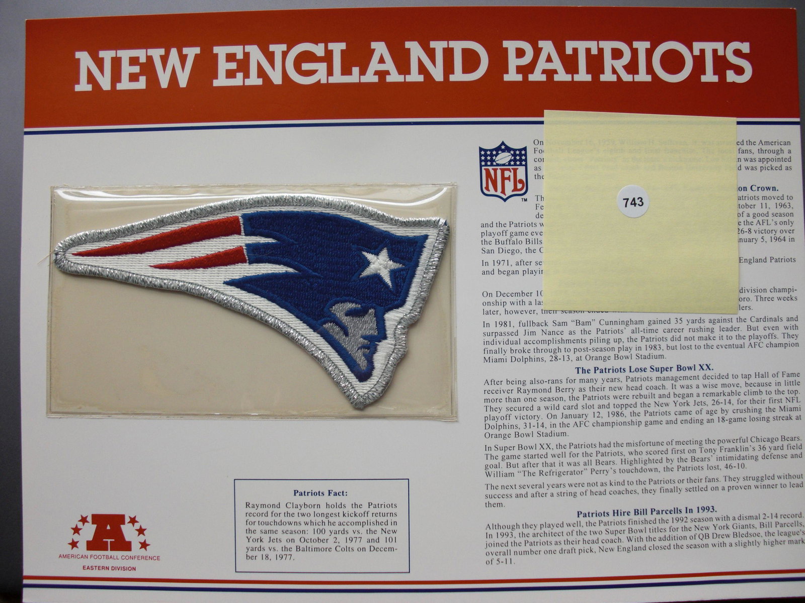 New England Patriots official logo patch: with info and stat card