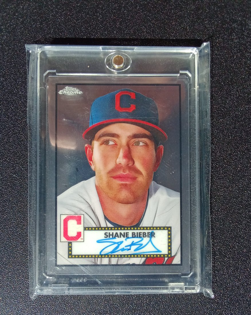Shane Bieber Topps Chrome Anniversary on card auto: Shane Bieber Cleveland Guardians Topps Chrome Anniversary on card auto in one touch holder